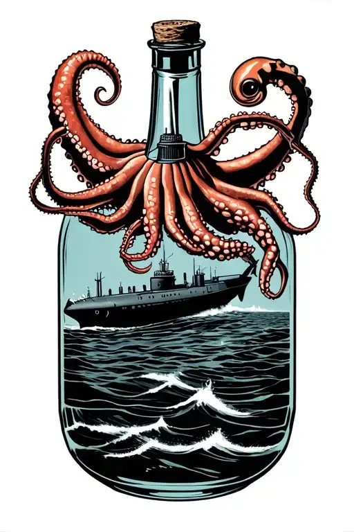 Us Navy Submarine In A Clear Corked Bottle On Its Side With A Squid Holding On To The Bottle