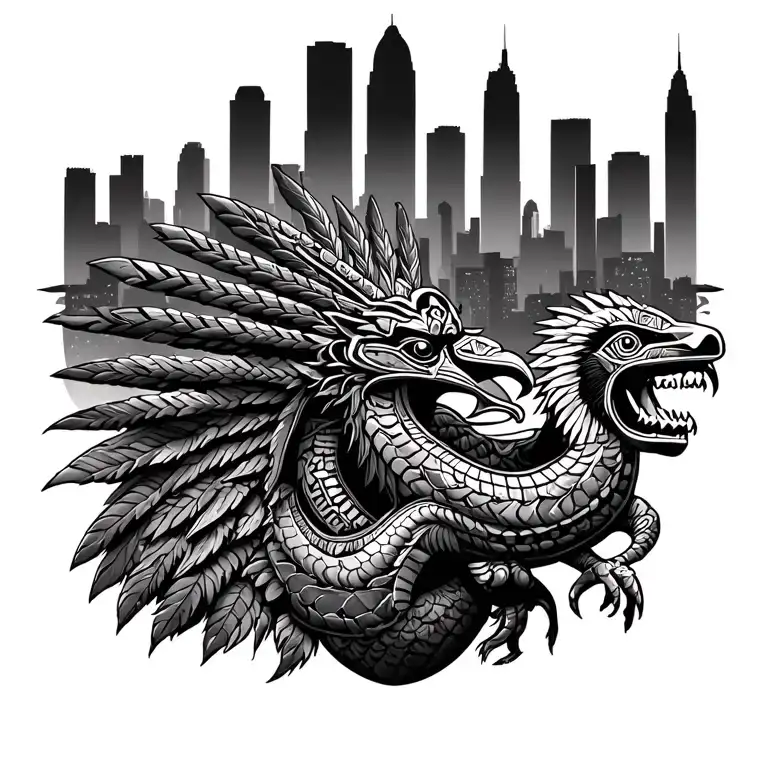 Los Angeles Cityscape With Aztecs Fight And Quetzalcoatl