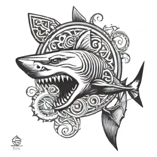 A Sleek And Modern Tattoo Design Featuring A Shark And Greek Symbols