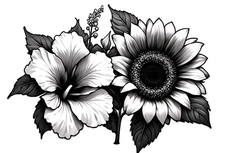 Two Hibiscus Flowers One Sunflower Surrounded
