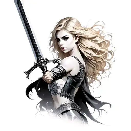 Back Of Feminine Warrior Holding Sword Blonde