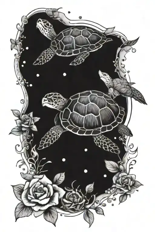 A Simple Yet Elegant Design Of A Turtle Swimming In A Pool Of Flowers Under The Moon