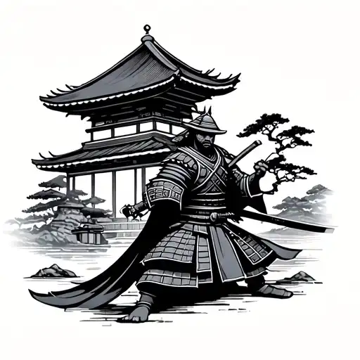 Samurai In Front Of Japanese Temple