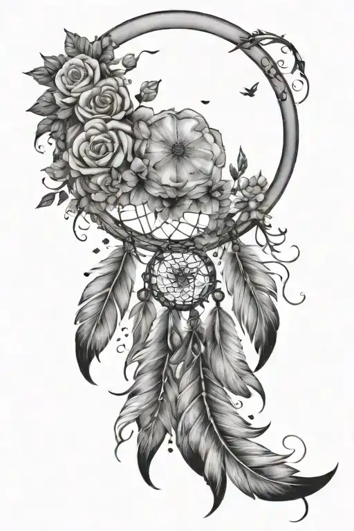Dream Catcher With Crescent Moon And Flowers Surrounding