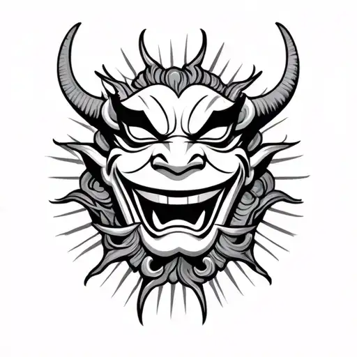 Traditional Japanese Oni Mask With Finger Waves And Sun Bars