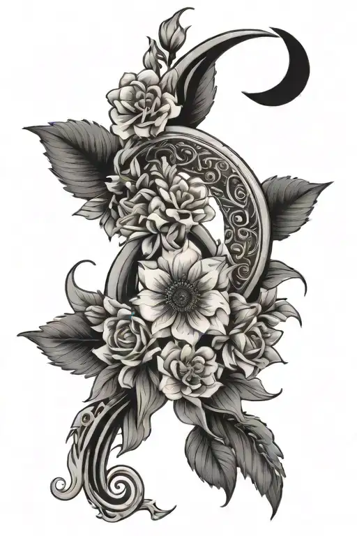 Crescent Moon And Flowers Surrounding