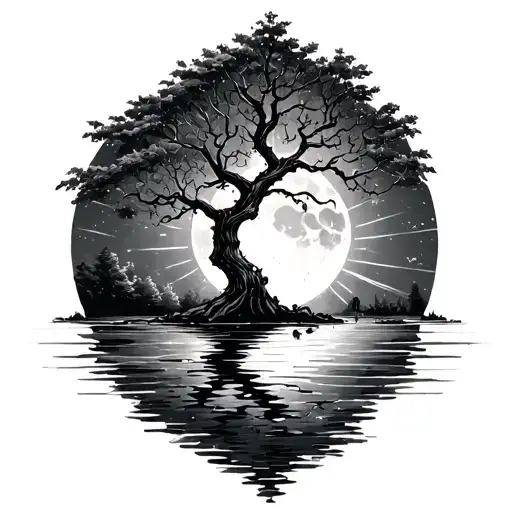 Ash Tree In Water With Moon Light Rays Coming