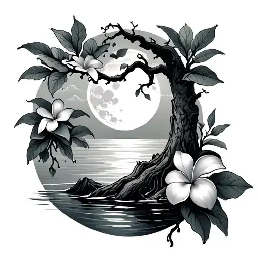Ash Tree In Water With Plumeria Flowers And Moon Light Rays