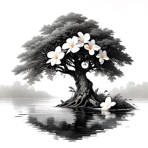 Ash Tree In Water With Plumeria Flowers