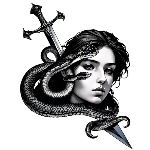 Sword Half Women's Face Snake On The Sword