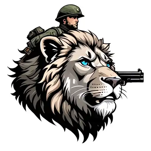 Lion Head With Blue Eyes And Soldier Holding A Gun At Field
