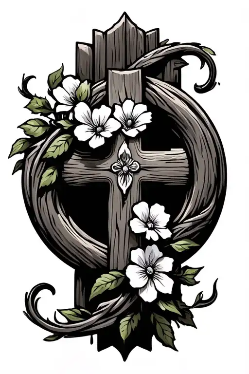 Wooden Cross With Flower Vine Wrapped Round