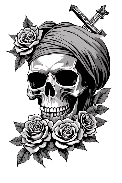 Reaperskull With Greek Like Statue Under Skull With Cross And Roses
