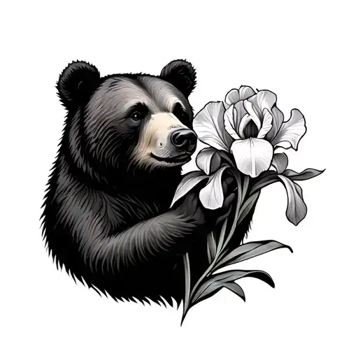 Bear Holding An Iris Flower Blooming