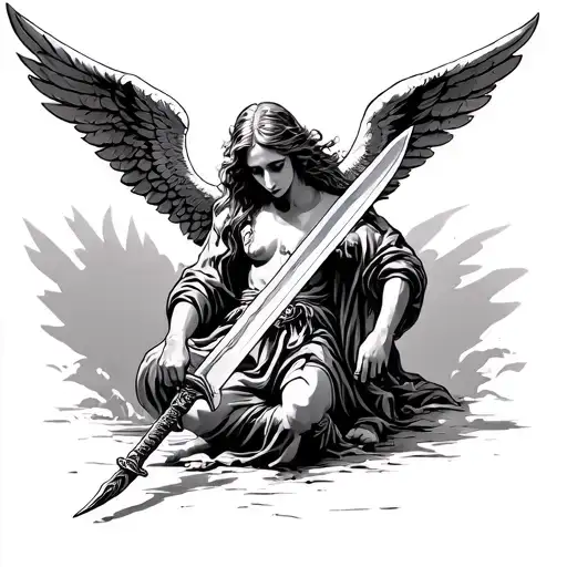 Angel With Wings Head Down Holding Sword Going