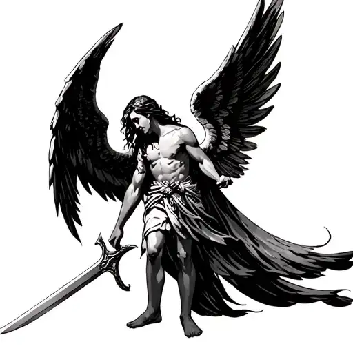 Standing Angel With Wings Head Down Holding Sword Going