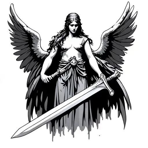 Standing Angel With Wings Head Down Holding Sword Straight Down Body