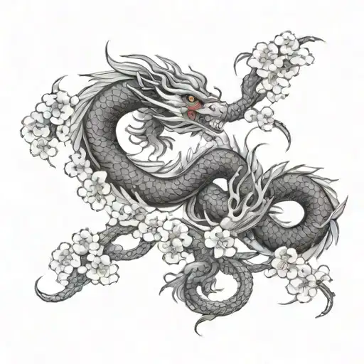A Sleeve Design Featuring A Japanese Dragon Intertwined With Sakura Flowers