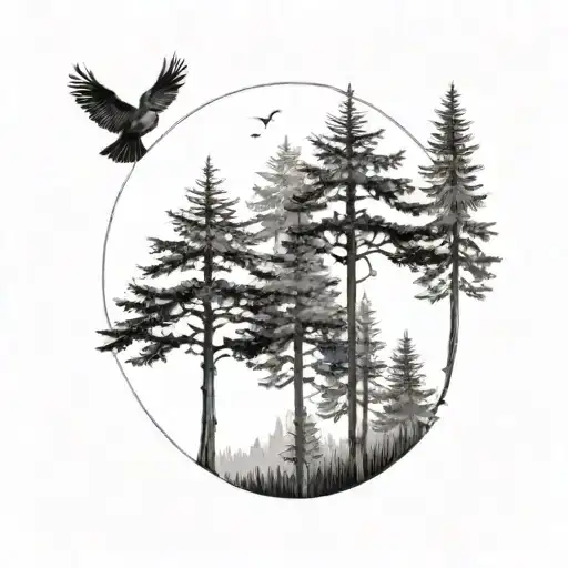 Three Evergreen Trees Of Different Heights With A Bird Circling Above