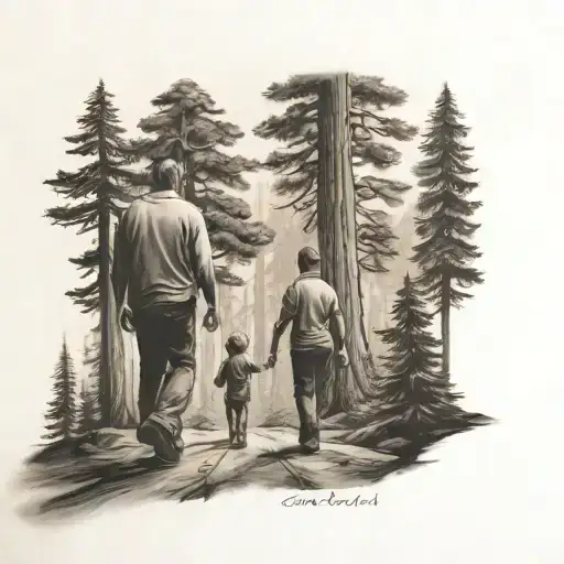 A Father And Son Walking Through A Forest Of Sequoia Trees