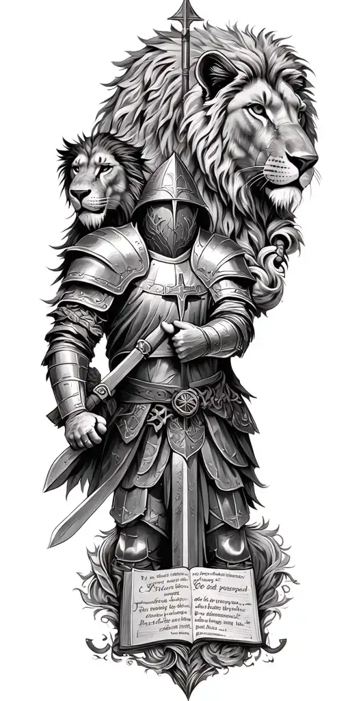 Knight Templar With A Lion And A Warrior Bible Verse Written