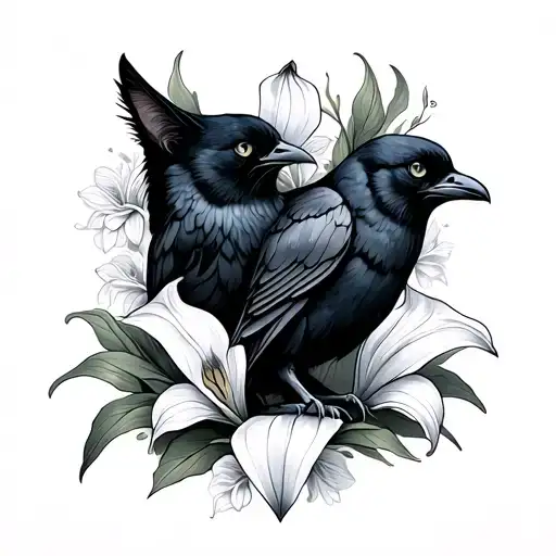 Crow And Cat Paws With Calla Lilies Intertwined