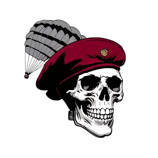Skull With Maroon Beret And Parachute