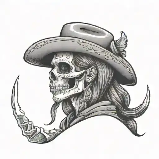 Cowgirl Skull With Hat Making Silence Depicted