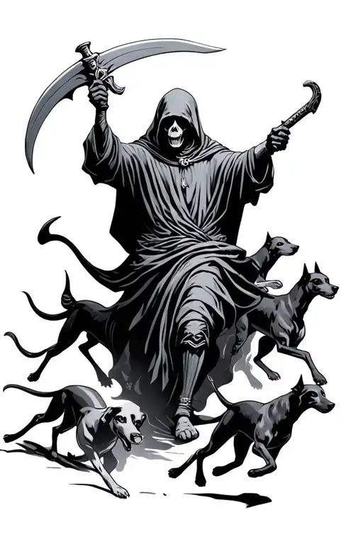 Grim Reaper Holding A Scyth With Hounds Dogs Running
