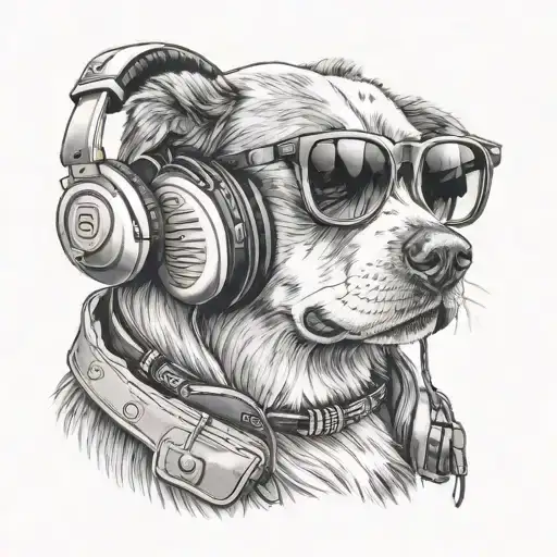 A Realistic Black And Grey Tattoo Of A Dog Wearing Sunglasses And Headphones Listening To Rock Music