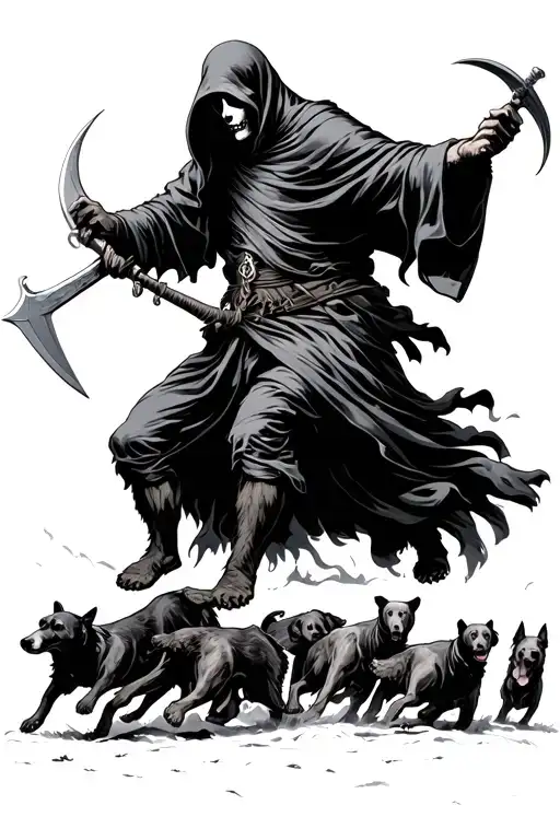 Grim Reaper Holding A Scyth With Hounds Dogs Running A Bear