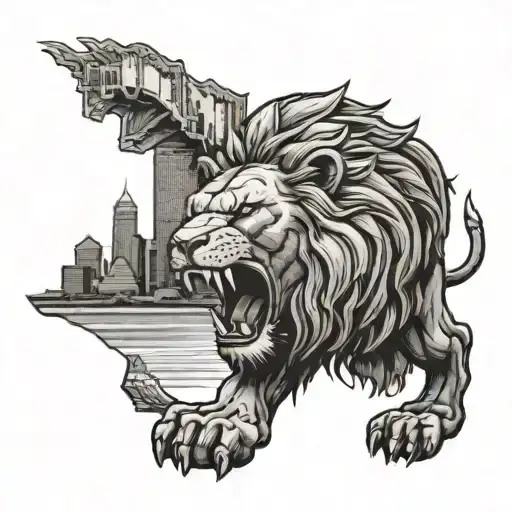 A Detroit Skyline With A Lion Roaring In The Foreground
