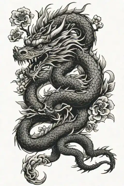 Dragon Chinese With Sakura Flowers