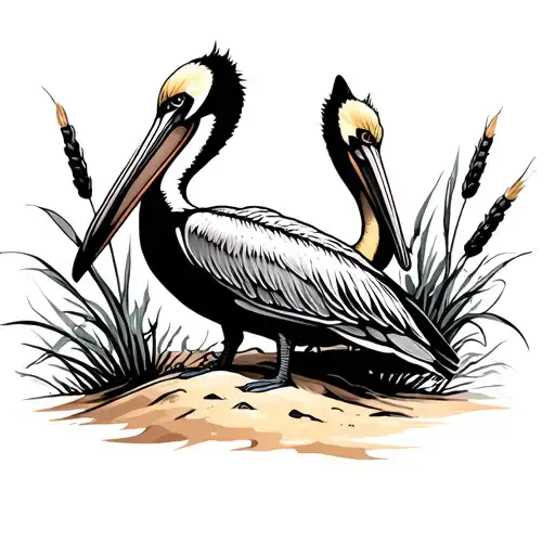 Pelican And Cat Tails And Beach Sand