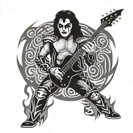 Create A Black And Grey Portrait Of Gene Simmons From Kiss Band With A Microphone Stand