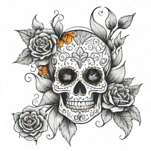 A Sugar Skull Next To Some Small Candles And Marigold Flowers And Petals Around