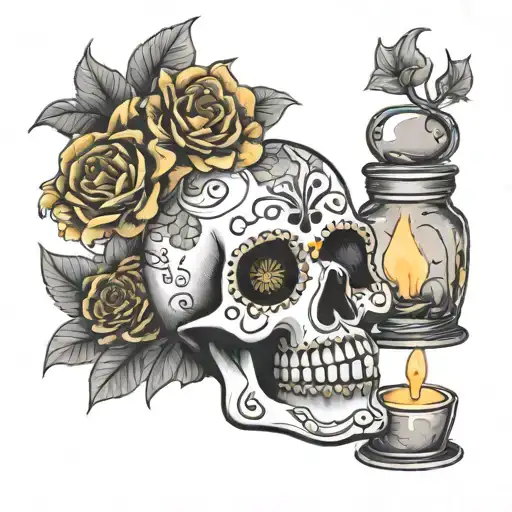 A Sugar Skull Sideways Next To Some Small Candles And Marigold Flowers And Petals Around