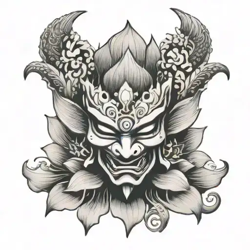 Lotus Flower In An Oni Mask Broken In Half