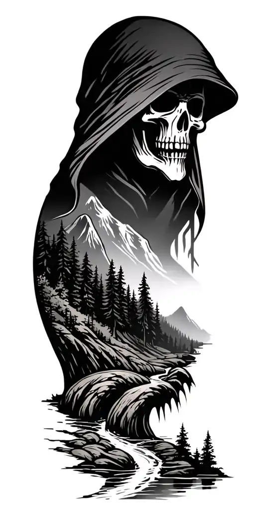 Forest With River Flowing And Mountain Range With The Reaper Hiding