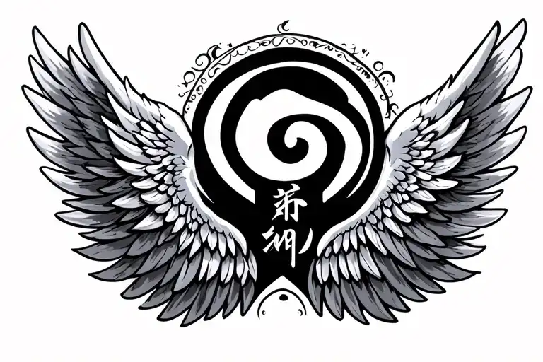 Angel Wing With The Letter C In Chinese And The Letter M In Chinese