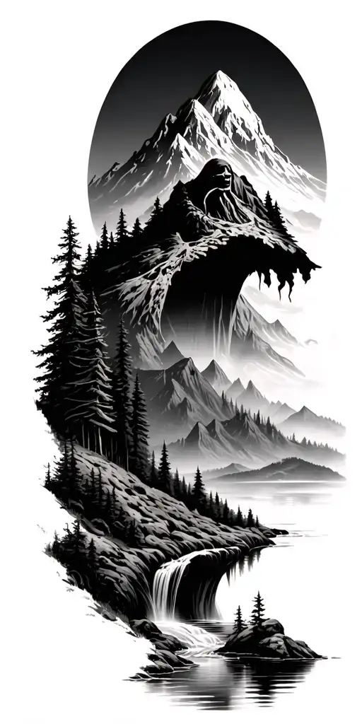 Forest With River Flowing And Mountain Range With The Reaper Hiding