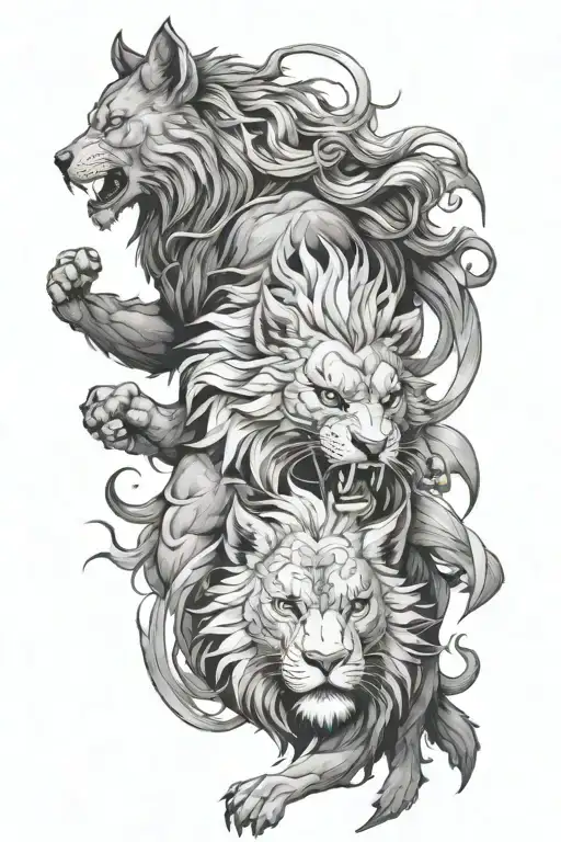 Combine A Lion And A Wolf In A Fierce Battle Scene