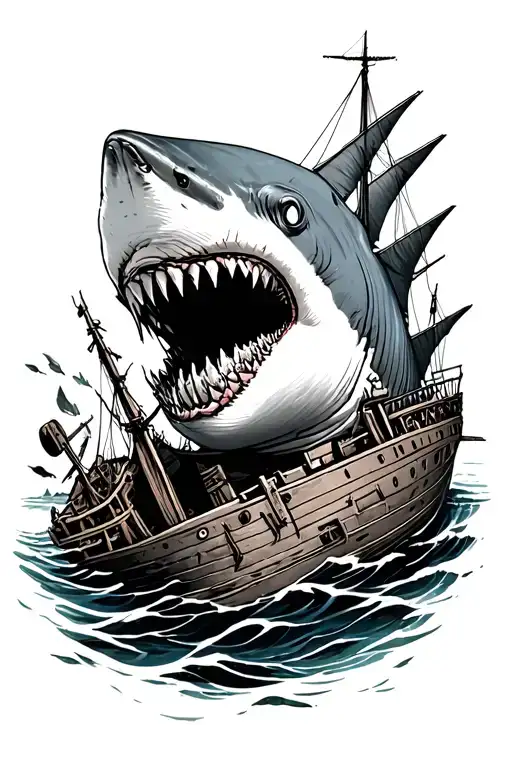 Shark At The Bottom Of Ocean Small Ship Wreck