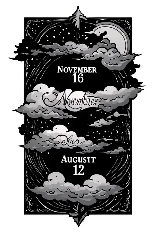 Large Tattoo With November 16 And August 12 With Clouds Around That Dates