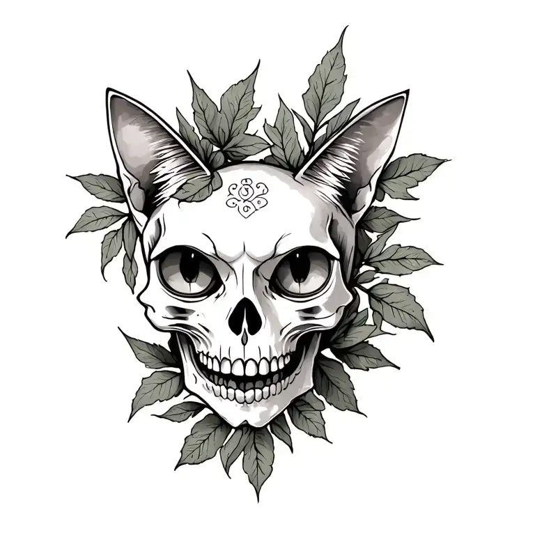 Cat Skull With Sage Leaves