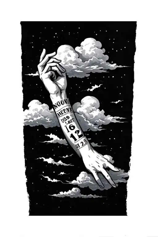 Large Outer Forearm With The Dates November 16 And August 12 With Clouds Around It