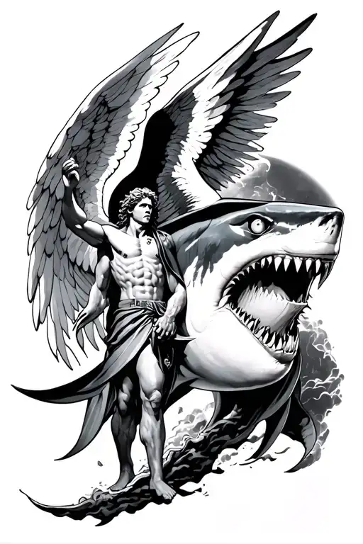 Archangel Michael With A Shark In The Background