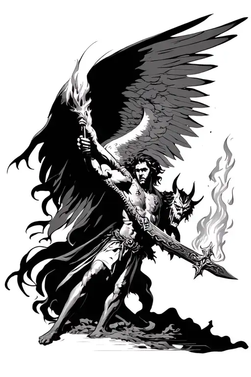 Archangel Michael With A Flaming Sword Slaying The Devil