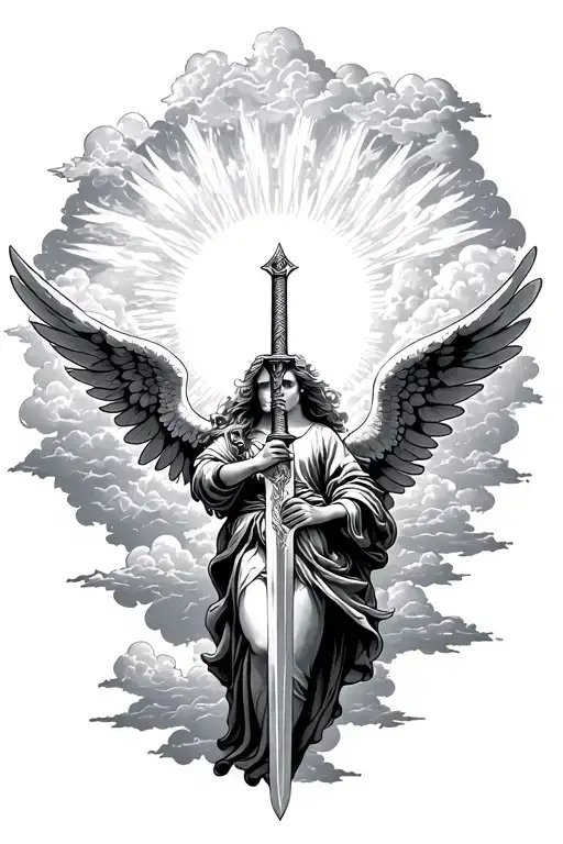 Angel Holding Sword Surrounded By Cool Sun And Clouds