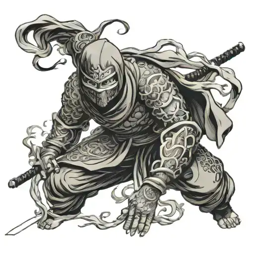 A Ninja Stealthily Blending Into A Background Of Swirling Oni Masks